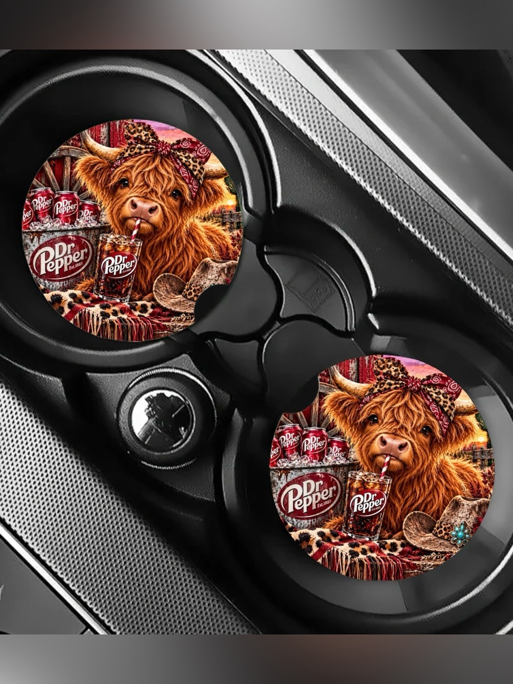 Dr Pepper Highland Cow Car Coasters Absorbent Set of (2)